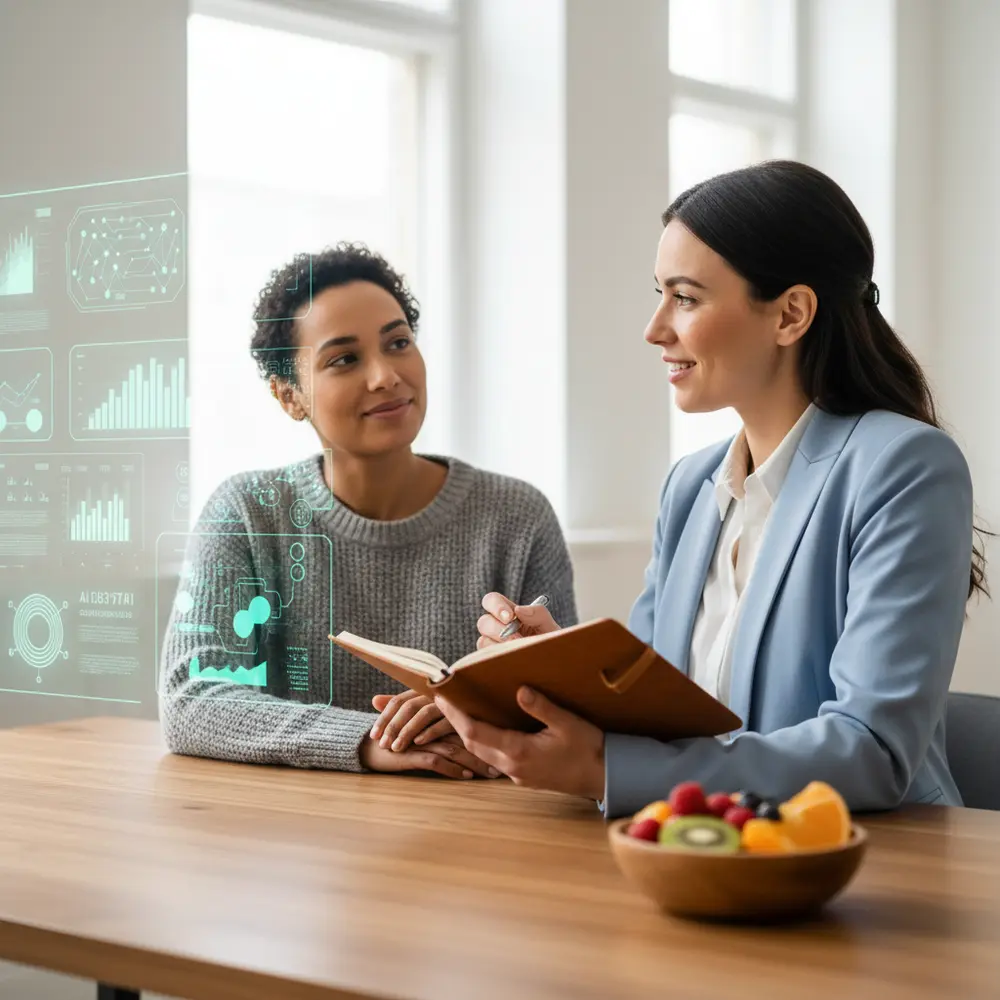 Representação visual das Limitações da IA na saúde, mostrando a complexidade da dieta personalizada que a tecnologia não alcança.