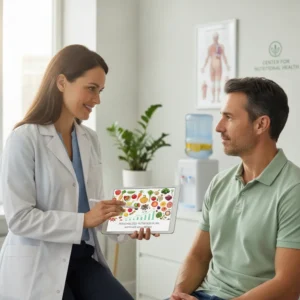 Profissional de saúde, possivelmente um nutricionista, estudando ou atendendo. Representa a especialização na nutrição.