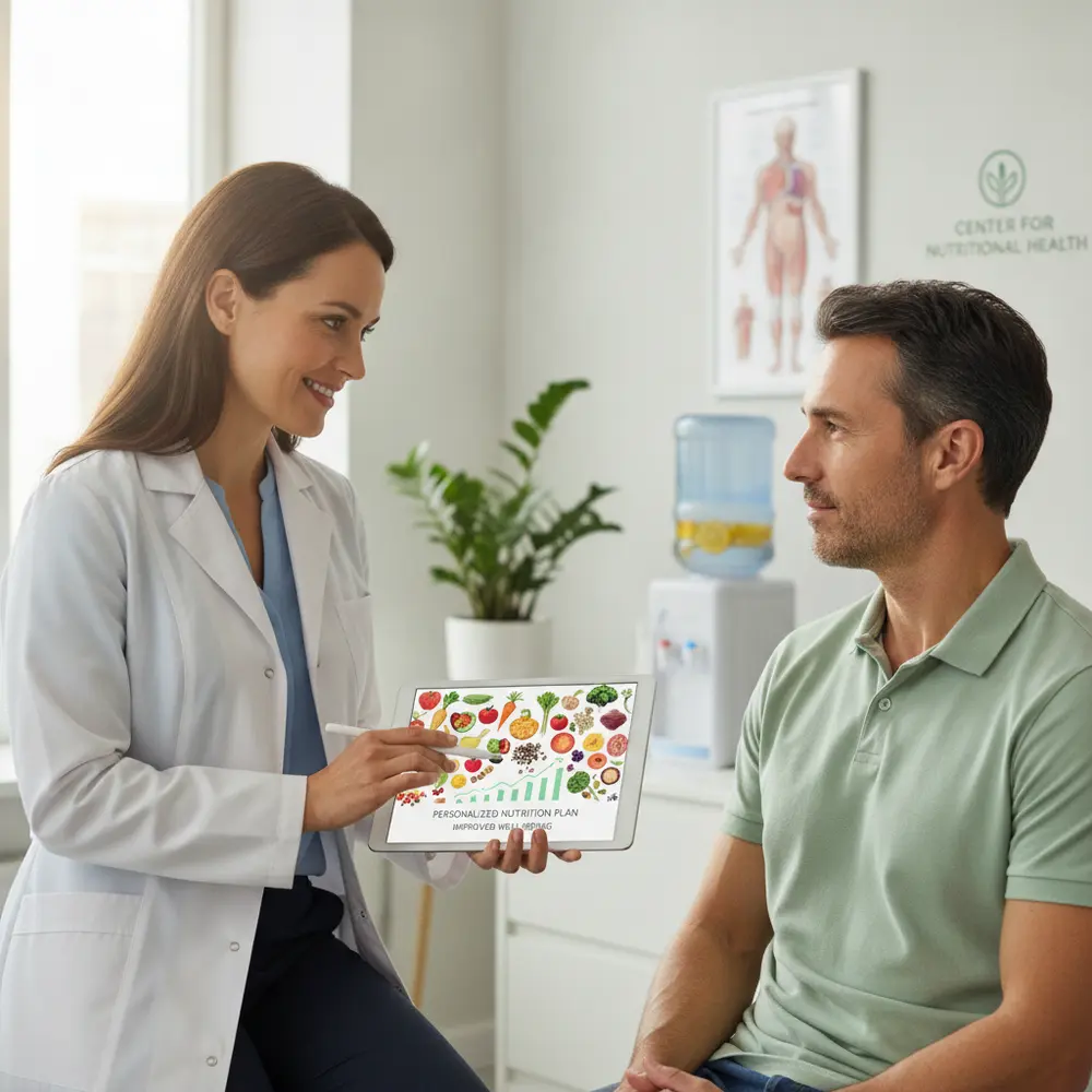 Profissional de saúde, possivelmente um nutricionista, estudando ou atendendo. Representa a especialização na nutrição.