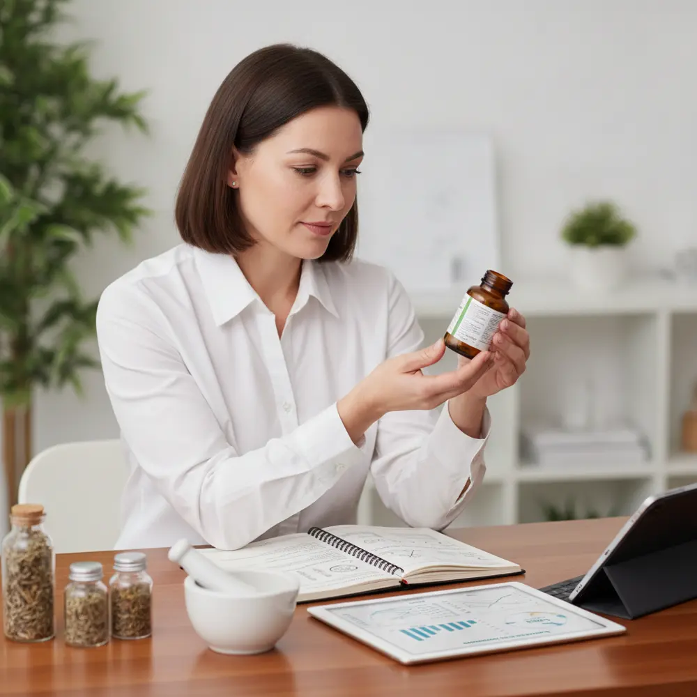 Nutricionista estudando sobre fitoterapia, destacando a importância da especialização em nutrição para prescrição segura.