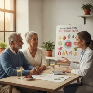 Idoso sorrindo em consulta nutricional, recebendo orientações para manejar Obesidade e Diabetes com dieta equilibrada e exercícios.