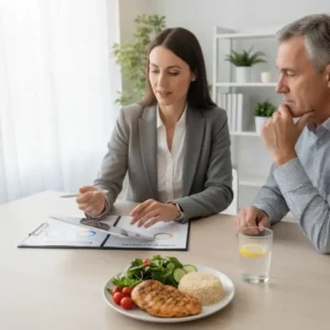 Alimentos saudáveis, medição de glicose e uma balança, ilustrando o manejo de Obesidade e diabetes.